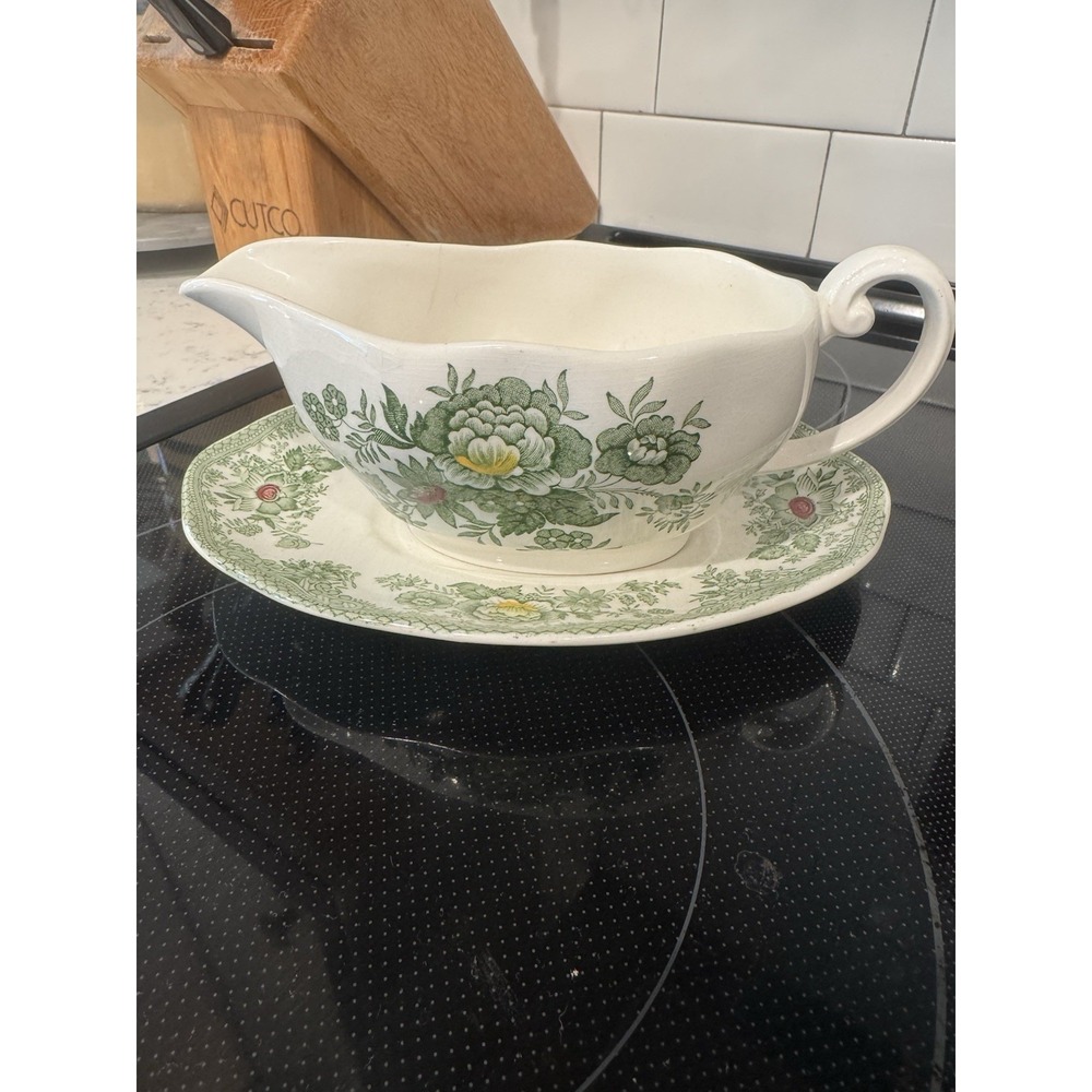 1960s VTG Enoch Wedgwood Tunstall Gravy boat &Underplate Kent Green pattern